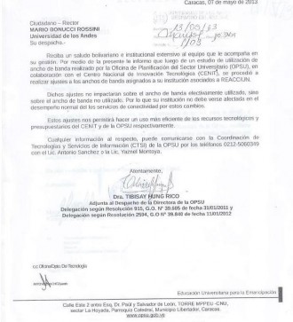La comunicación enviada por la Opsu a la Universidad de Los Andes, que oficializa la reducción del ancho de banda de la red académica a 20 Mbps. 